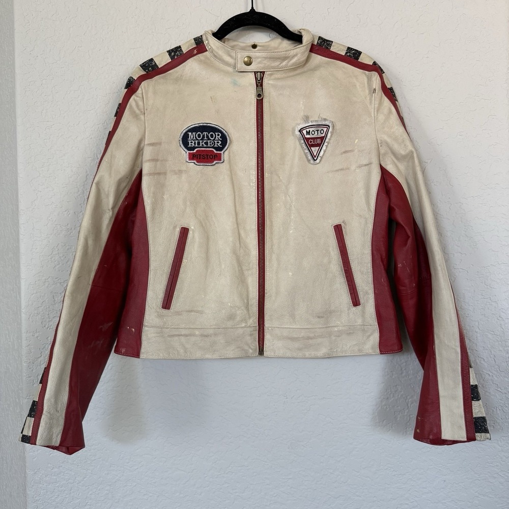 Vintage Wilson's Leather Biker Checkerboard Leather Racing Jacket Large Read